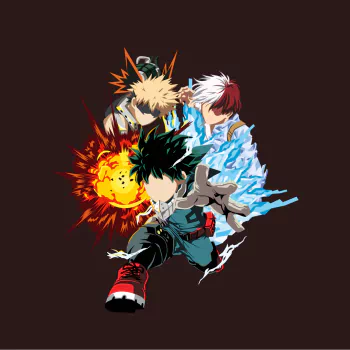 My Hero Academia anime forum avatar/pfp: Deku in foreground, Bakugo unleashing an explosion and Todoroki wielding ice and fire behind him.