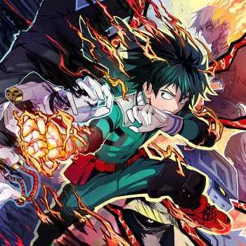 Dynamic anime-style avatar featuring Izuku Midoriya from My Hero Academia in an action pose with vibrant energy effects and fiery elements.