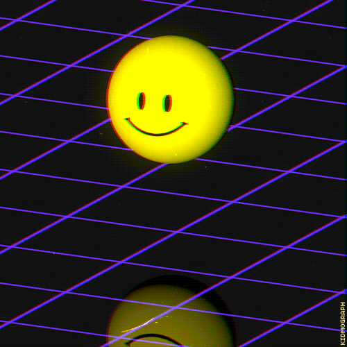 Bright yellow smiley emoticon with a funny grin floating above a purple neon grid — playful forum avatar/pfp.