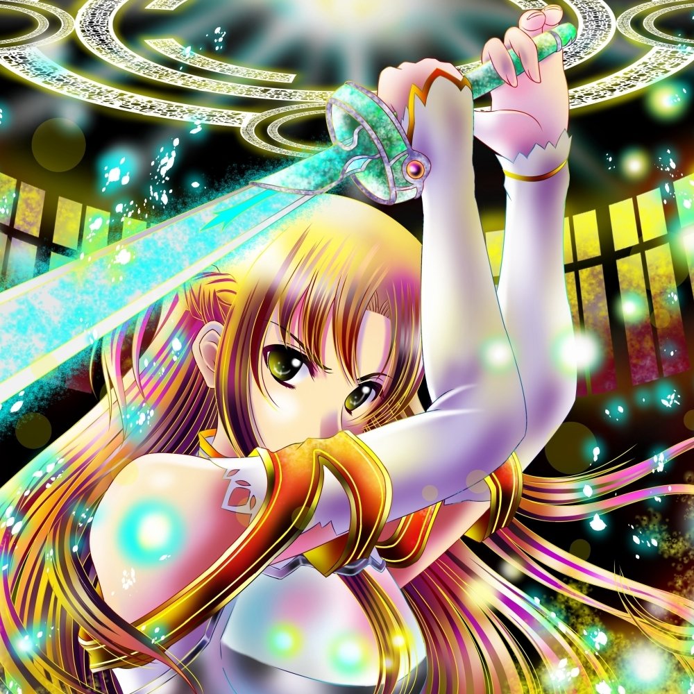 Vibrant anime avatar of Asuna Yuuki from Sword Art Online, wielding a glowing sword with dynamic light effects and intricate magical circles in the background.