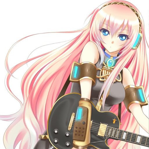 Anime-style forum avatar of Vocaloid Luka Megurine: long pink hair, blue eyes, turquoise headphones and accents, wearing arm bracers and holding a black electric guitar.