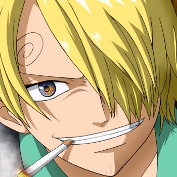 Close-up anime avatar of Sanji (One Piece) — blond hair covering one eye, cigarette in his mouth and a sly grin; cropped as a forum/PFP profile photo.