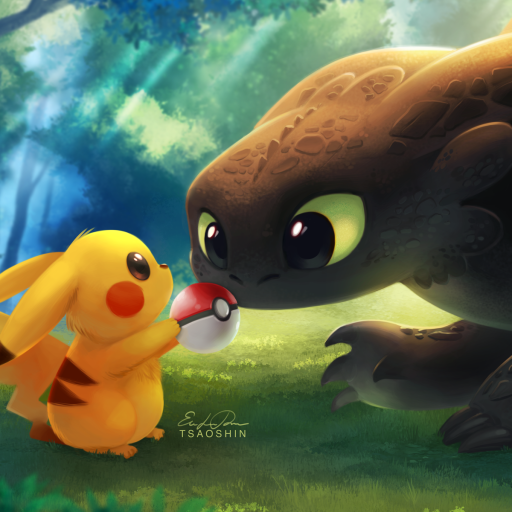 Cute crossover avatar showing Pikachu holding a Pokéball while facing Toothless from How to Train Your Dragon in a forest setting.