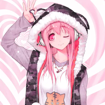 blush smile wink headphones pink hair hoodie Super Sonico Anime PFP