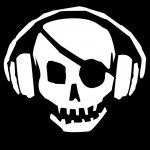 Black-and-white forum avatar of a skull with an eyepatch wearing headphones — a hacker/technology-themed profile icon.