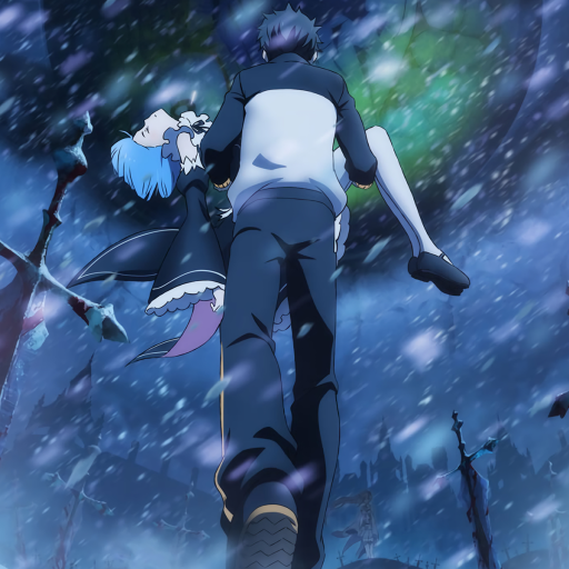 Forum avatar of Subaru Natsuki carrying Rem through a snowy, moonlit forest — Re:Zero anime profile image.