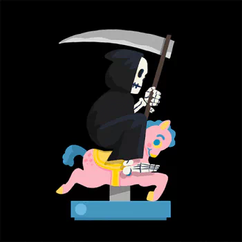 Dark grim reaper forum avatar/pfp: hooded skeleton clutching a scythe while riding a pink carousel pony on a black background.