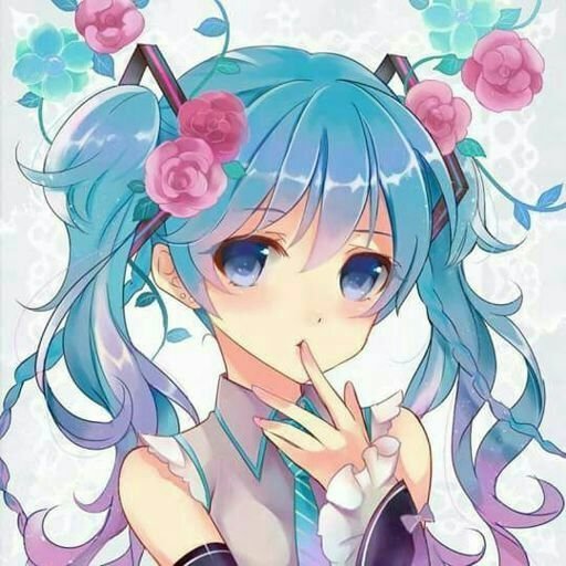 Hatsune Miku Vocaloid anime forum avatar: pastel blue twin-tails with pink roses, large blue eyes, finger to lips and a soft floral background.
