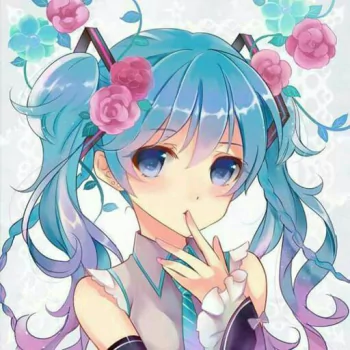 Hatsune Miku Vocaloid anime forum avatar: pastel blue twin-tails with pink roses, large blue eyes, finger to lips and a soft floral background.
