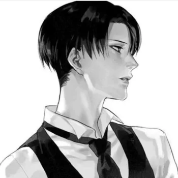Black-and-white forum avatar/pfp of Levi Ackerman (Attack on Titan), three-quarter profile with short dark hair, high collar, vest and loosened tie.