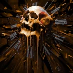Dark-themed forum avatar featuring a detailed skull with a dripping effect, set against a dynamic background of sharp, fragmented shapes.