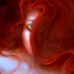 Fantasy-style avatar of a woman with flowing red hair partially obscuring her face, creating a mysterious and ethereal profile photo.