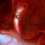 Fantasy-style avatar of a woman with flowing red hair partially obscuring her face, creating a mysterious and ethereal profile photo.