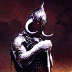 Fantasy warrior clad in dark, ornate armor with a horned helmet, gripping a weapon against a shadowy background, designed as a striking forum profile avatar.