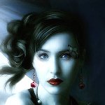 Fantasy-themed forum avatar of a woman with a serene expression, vibrant red lipstick, elaborate earrings, and an ethereal glow.