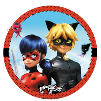 Circular forum avatar of TV show Miraculous featuring Ladybug and Cat Noir with their kwamis against a blue sky and red dotted border.