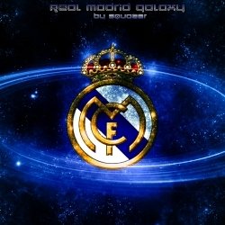Real Madrid C.F. logo with a cosmic galaxy background, featuring the iconic crown and interlocking letters in a glowing space-themed design.