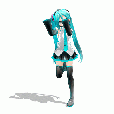 Anime-style avatar of Hatsune Miku from Vocaloid, featuring her signature teal twin-tails, black sleeves, and skirt, captured mid-pose against a white background.