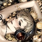Anime girl with short blonde hair wearing headphones, lying among golden decorative items, creating a stylish and relaxed forum avatar/profile photo vibe.
