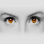 Forum avatar/profile photo: close-up of a woman's eyes in high-contrast grayscale with vivid orange, flame-like reflections in the pupils.