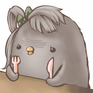 Forum avatar: chibi bird portrayal of Kotori Minami from Love Live! anime — round gray figure with Kotori’s light-brown bangs and green ribbon, clutching a tiny fork and knife.