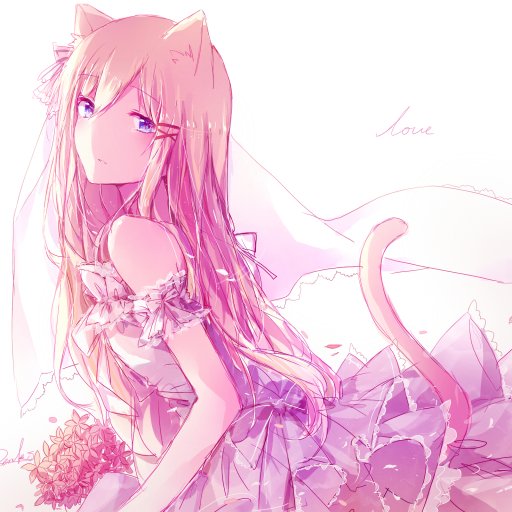 Anime-style original character with long pink hair, blue eyes, animal ears, and tail, wearing a floral dress and holding a bouquet, portrayed in soft pastel colors.