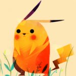 A vibrant, cartoon-style illustration of Pikachu from Pokémon, featuring its iconic yellow color and playful expression, set against a soft, warm background with greenery.