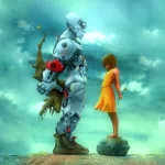 Artistic forum avatar/pfp: a gentle humanoid robot offering flowers to a woman in a yellow dress across two stones beneath a teal sky, a tender depiction of love.