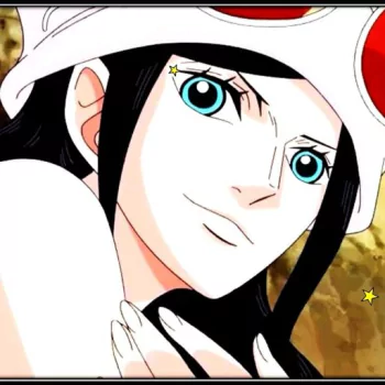 Profile avatar of Nico Robin from One Piece — anime close-up showing teal eyes, white hat, black hair and a soft, confident smile.