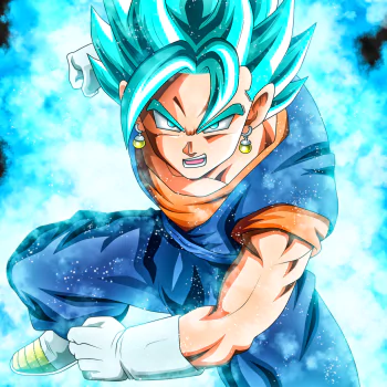 Anime forum avatar/pfp of Vegito Blue (Dragon Ball Super), crouched in a battle pose with teal Super Saiyan Blue hair, Potara earrings and a glowing energy aura.