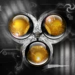 Sci-fi biohazard forum avatar: metallic mask with three glowing amber lenses arranged like a hazard emblem, set against smoky, industrial textures.