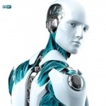 Sci-fi robot forum avatar: sleek white humanoid with teal mechanical components and chrome face, shown shoulder-up against a white background.