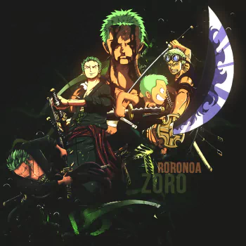 Forum avatar/pfp of Roronoa Zoro from One Piece (anime): dynamic collage of Zoro in multiple sword stances, green hair, scabbards and dramatic shadowed lighting.