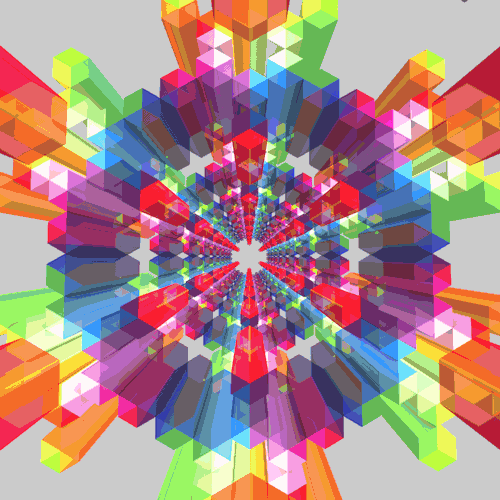 Artistic, psychedelic forum avatar/pfp: radial kaleidoscope of translucent multicolored 3D blocks forming a vibrant, tunnel-like geometric burst.