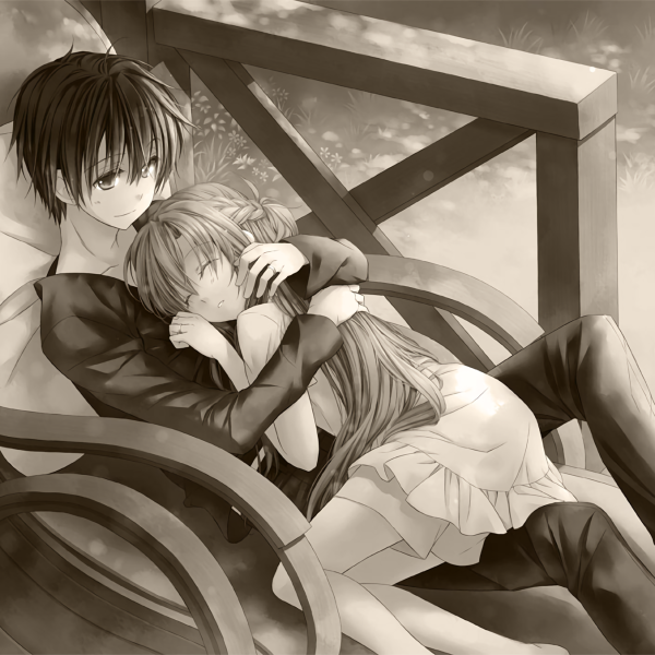 Sepia-toned anime forum avatar featuring Kirito (Kazuto Kirigaya) and Asuna Yuuki from Sword Art Online in a tender embrace on a wooden chair.