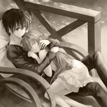Sepia-toned anime forum avatar featuring Kirito (Kazuto Kirigaya) and Asuna Yuuki from Sword Art Online in a tender embrace on a wooden chair.