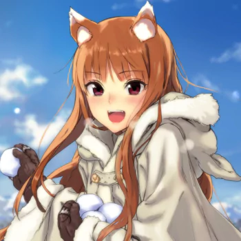 A smiling character with long brown hair and brown eyes, wearing gloves and animal ears, holds snowballs. Inspired by Holo from *Spice & Wolf*, set against a clear sky.