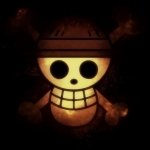 Anime One Piece forum avatar showing a glowing Jolly Roger skull with a straw hat, wide grin and crossbones on a dark, smoky background.