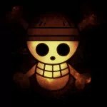 Anime One Piece forum avatar showing a glowing Jolly Roger skull with a straw hat, wide grin and crossbones on a dark, smoky background.