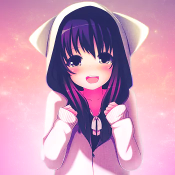 Anime-style girl with dark hair and big eyes, wearing a white hooded outfit with cat ears, smiling against a soft pink glowing background, used as a forum avatar.