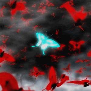A glowing blue butterfly surrounded by red butterflies set against a dark, smoky background, inspired by the anime Kabaneri of the Iron Fortress, used as a forum avatar.