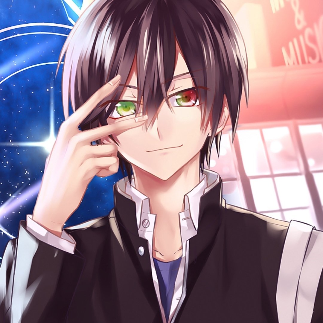 Anime-style forum avatar of Yū Otosaka from Charlotte, featuring his distinctive heterochromatic eyes and confident expression against a vibrant cityscape background.