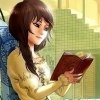 Artistic avatar of a smiling person with brown hair reading a book, with a warm golden background.