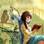 A young woman reads a book on a stylish chair, surrounded by owls and birds in an artistic, whimsical environment, showcasing her love for literature and nature.