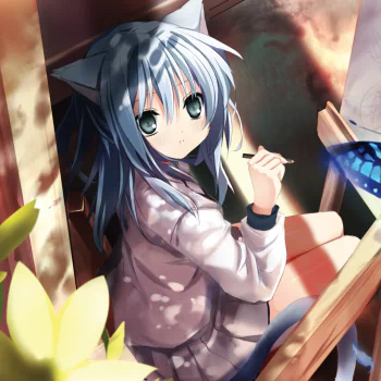 Anime girl with silver-blue hair and cat ears, large green eyes, holding a paintbrush beside a blue butterfly — stylized forum avatar/pfp/profile photo.