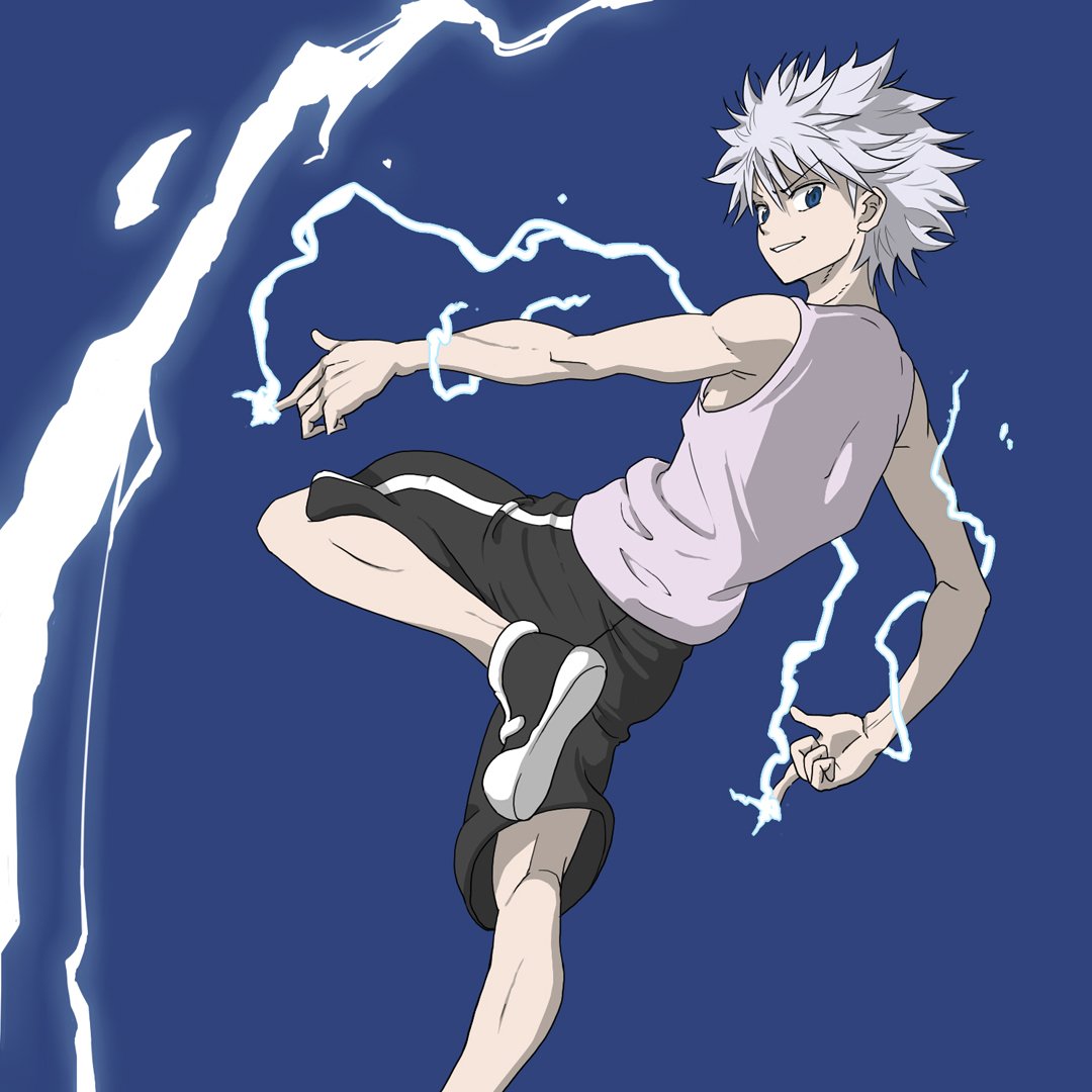 Anime forum avatar of Killua Zoldyck from Hunter x Hunter, mid-jump with white hair and lightning arcs surrounding him on a solid blue background.