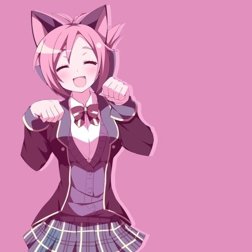 Original pink anime cat girl avatar: cheerful school-uniform character with cat ears, pawing pose on solid pink background.