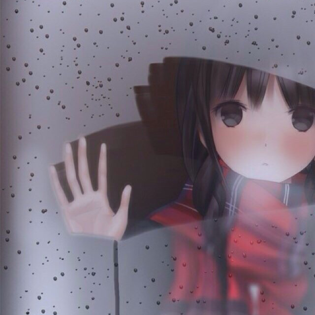 Anime girl with dark hair wearing a red scarf, looking out a rain-covered window, hand pressed against the glass. This image is used as a forum avatar/profile photo.