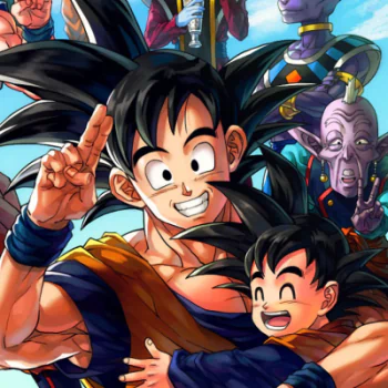 Anime Dragon Ball Z forum avatar: Goku grinning while holding young Goten in a vibrant pfp-style illustration with other characters in the background.