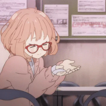 Anime avatar from Beyond the Boundary featuring a girl with short pink hair and red glasses, sitting in a classroom and holding something gently in her hands.